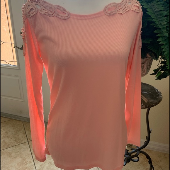 Pink, Long-Sleeve Pearl Beading Ribbed Tee - Picture 5 of 8